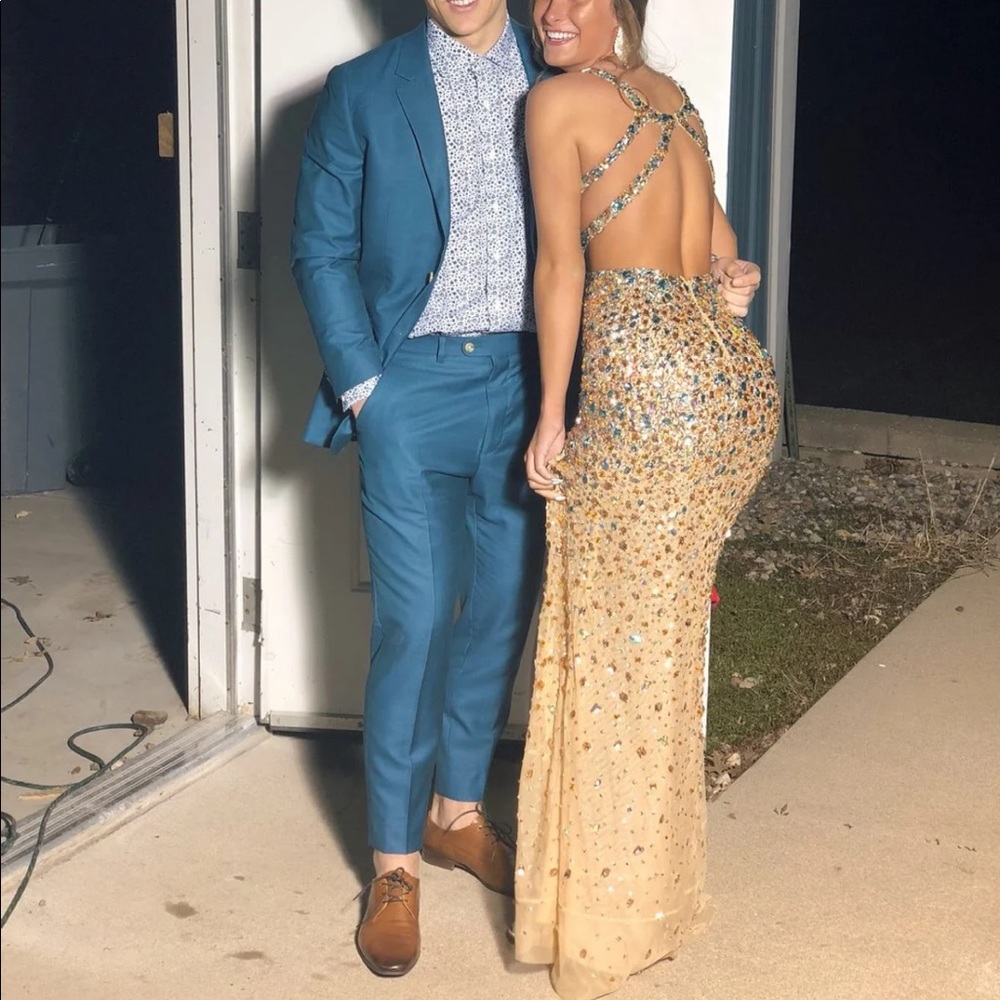 jasz couture blue and gold prom dress